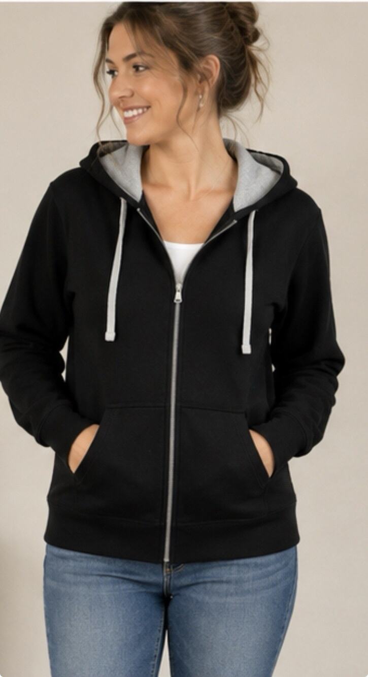 F&F Womens Zip Up Hoodie Black Gray Lined Hood Drawstring Casual Sweatshirt XL